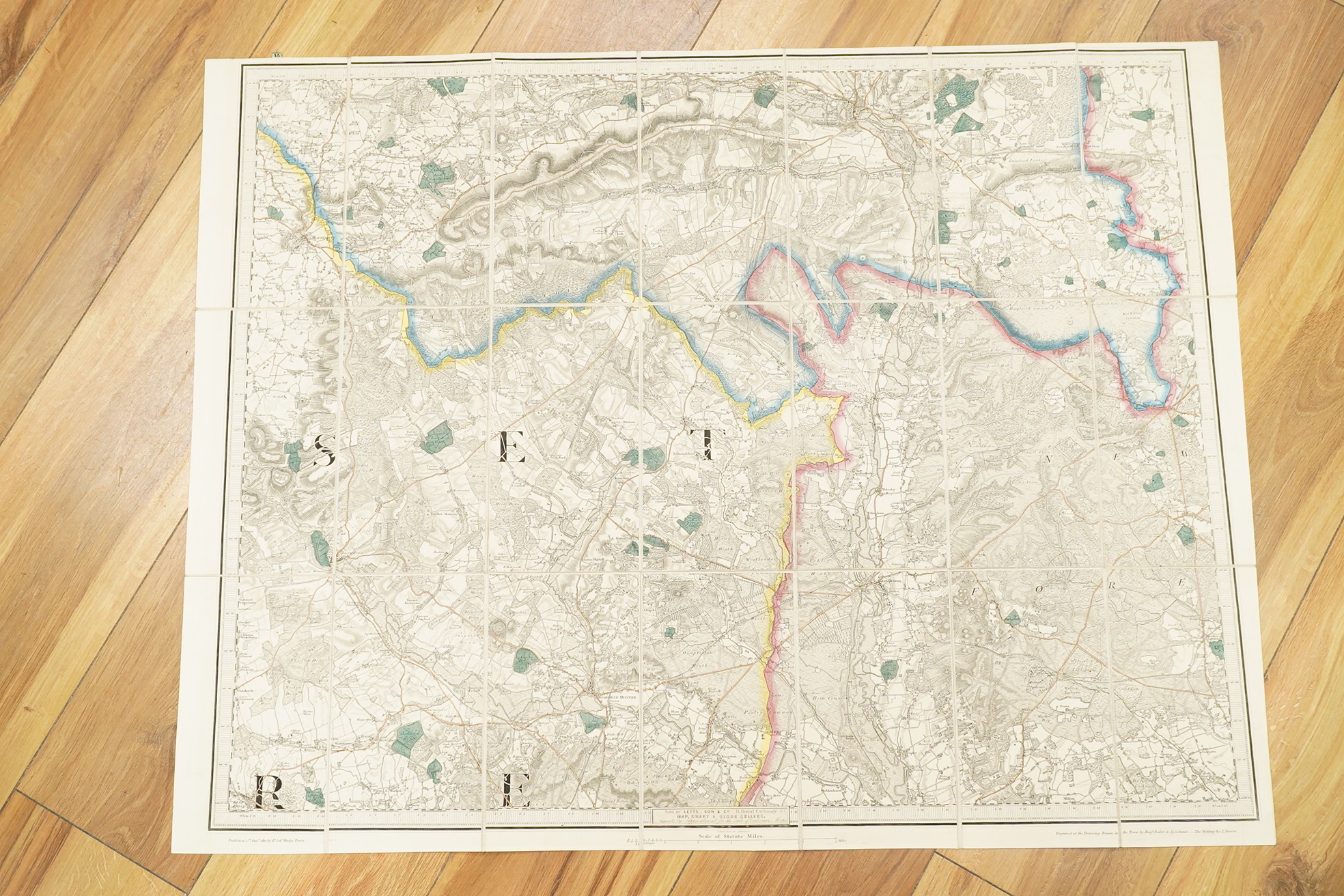 Volume One, Ordnance Survey maps, c.1864, comprising of a set of seven engraved maps mounted on linen covering parts of Somerset, Devon, Dorset, and Hampshire; sheet no.s; 15, 16, 17, 18, 19, 21 and 22, engraved by Benja